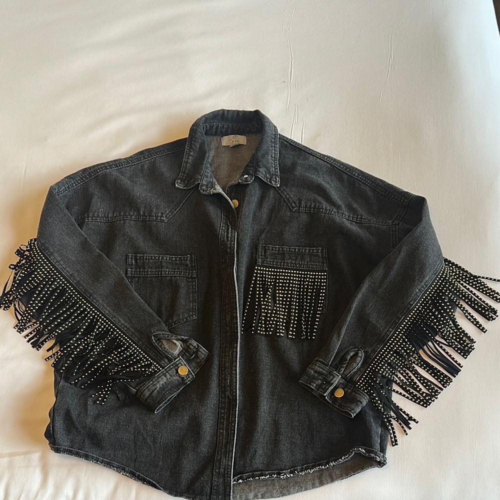 Black Jean Denim  Jacket with Fringe and Studs - Picture 4 of 11